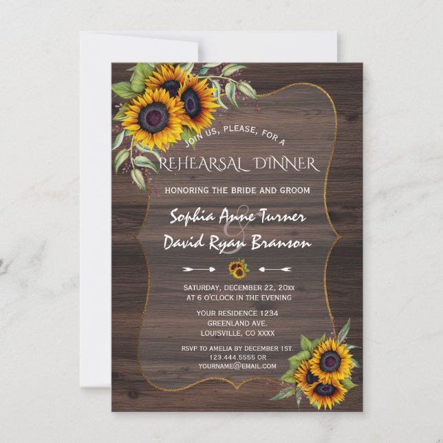 Romantic Sunflowers Wood Rehearsal Dinner Invitation (Front)
