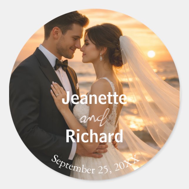 Romantic Sunset Beach Bride and Groom Wedding  Classic Round Sticker (Front)