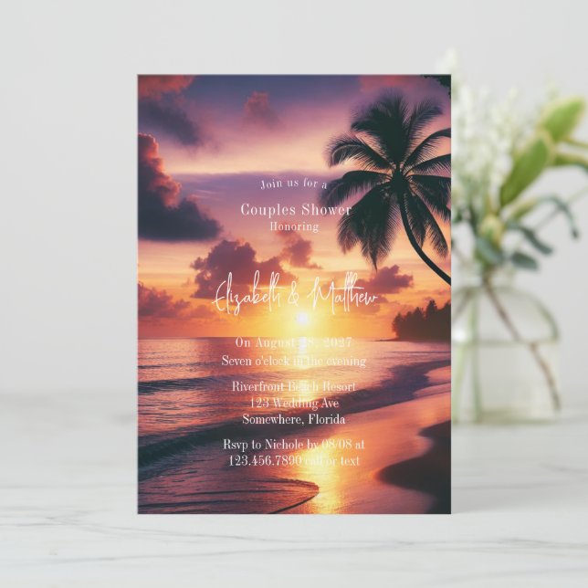 Romantic Sunset Beach Couples Shower Invitation (Standing Front)