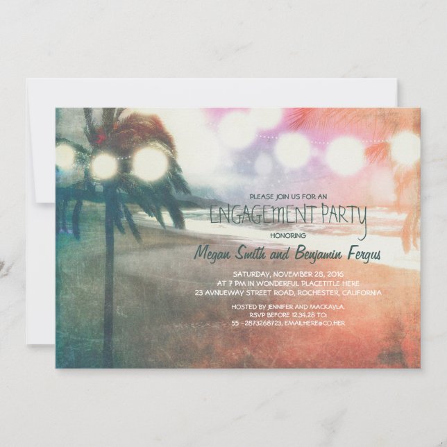 Romantic Sunset Beach Lanterns Engagement Party Invitation (Front)