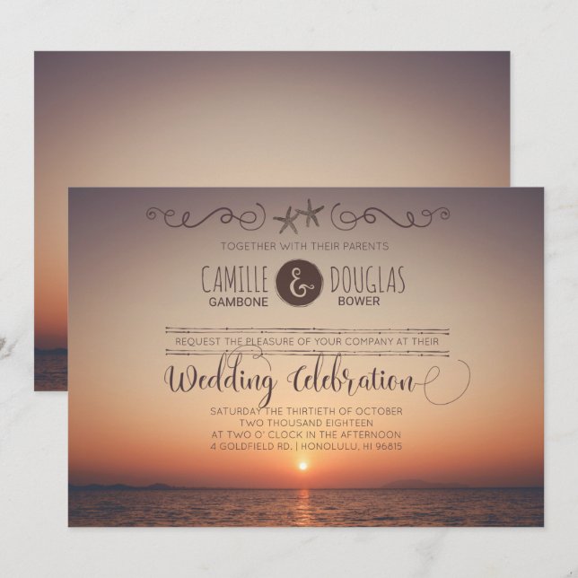 Romantic Sunset Beach Wedding Invitation (Front/Back)