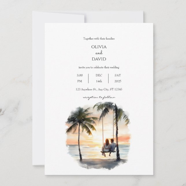 Romantic Sunset Beachside Swing Palm Trees Wedding Invitation (Front)