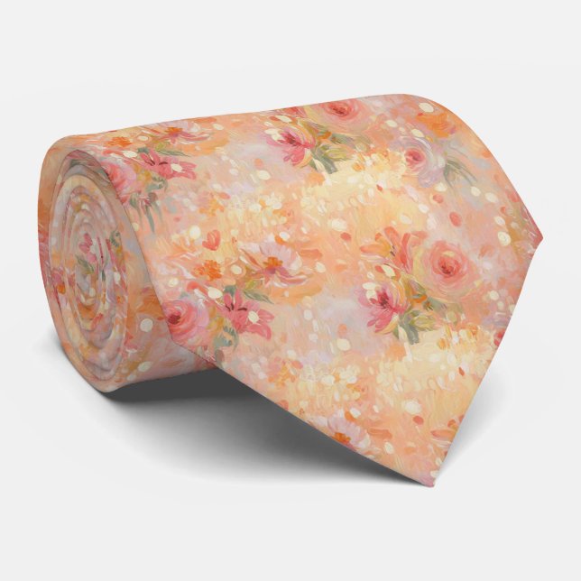 Romantic Sunset Glow Warm Orange and Blush Floral Tie (Rolled)