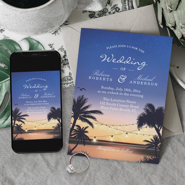Romantic Sunset Palm Beach String Lights Wedding Invitation (Creator Uploaded)
