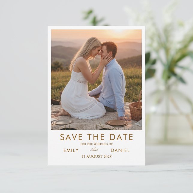 romantic sunset photo save the date card (Standing Front)