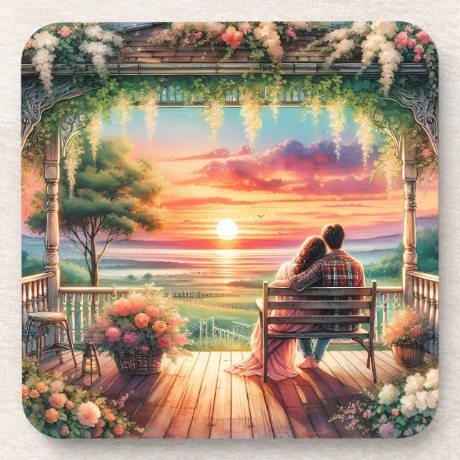 Romantic Sunset Porch View Illustration Coaster (Front)