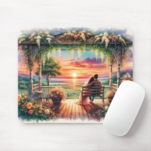 Romantic Sunset Porch View Illustration Mouse Mat (With Mouse)