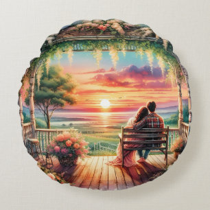 Romantic Sunset Porch View Illustration Round Cushion