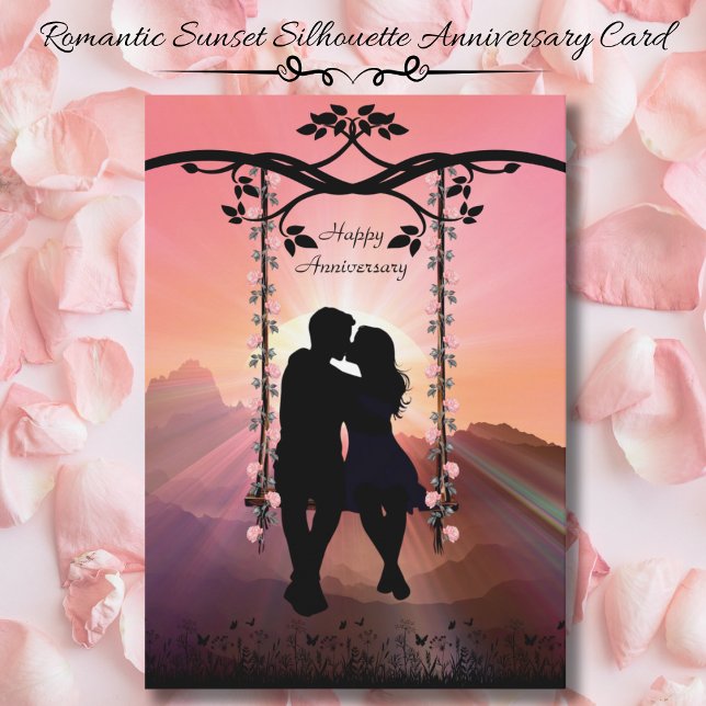 Romantic Sunset Silhouette Couple Anniversary Card (Romantic Sunset Silhouette Couple Anniversary Card (Front))