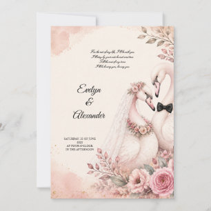 Romantic Swan Bride and Groom Blush Pink Floral  Invitation