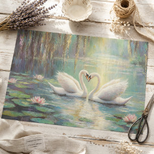 Romantic Swan Couple in Lily Pond Decoupage Tissue Paper