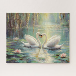 Romantic Swan Couple in Lily Pond Fine Art Jigsaw Puzzle