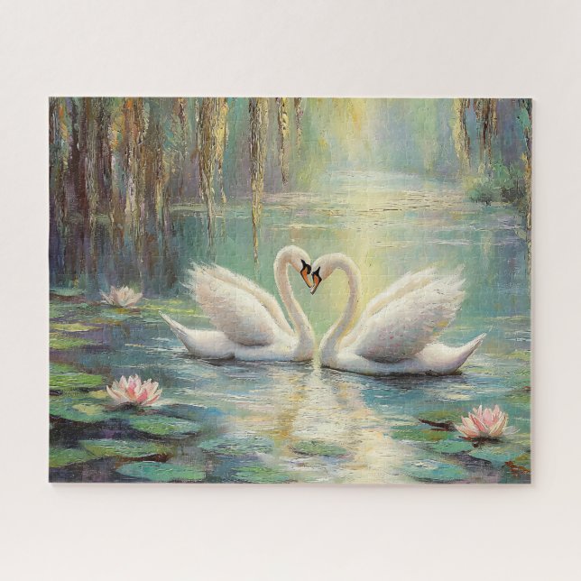 Romantic Swan Couple in Lily Pond Fine Art Jigsaw Puzzle (Horizontal)