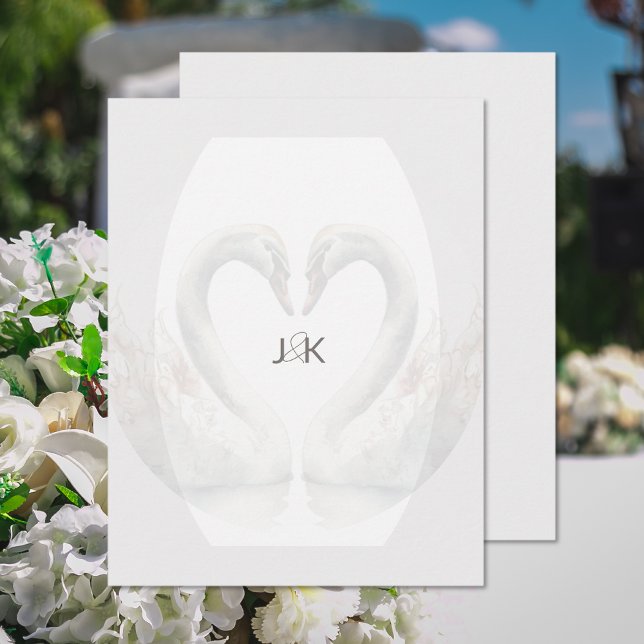 Romantic Swan Couple Monogram Flat Note Card (Romantic Swan Couple Monogram Flat Note Card (front and back))