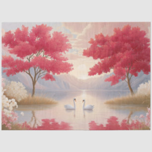 Romantic Swan Lake Pink Blossom Trees Decoupage Tissue Paper