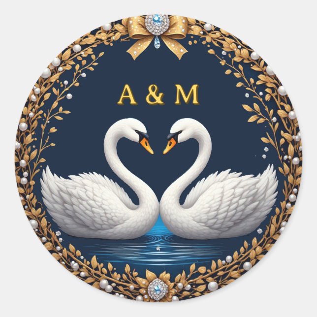 Romantic Swan Pair With Wedding Rings Display Classic Round Sticker (Front)