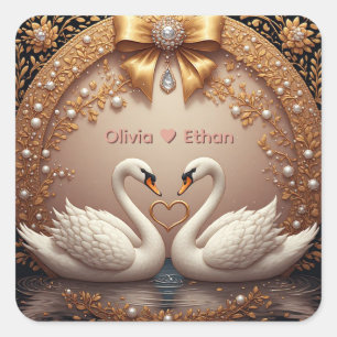 Romantic Swan Rings Floral Wedding Style Square Sticker