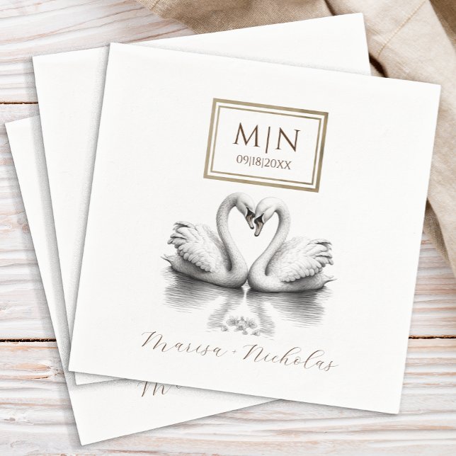 Romantic Swan Wedding Napkins Monogram (Romantic Couples Napkins)