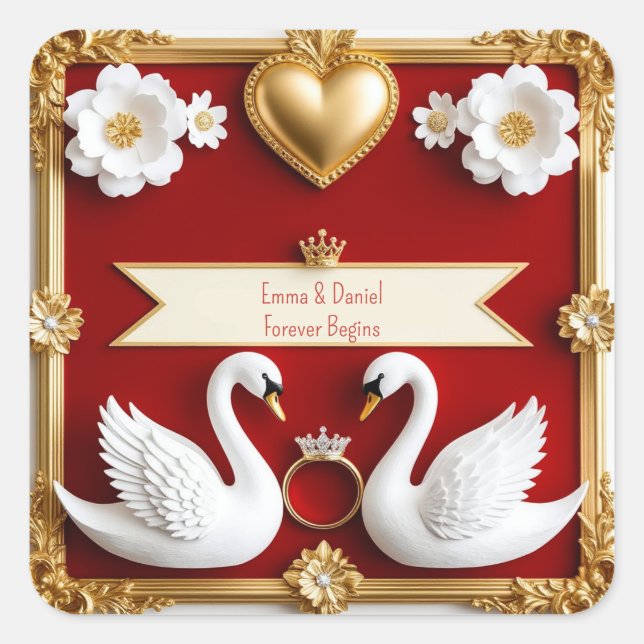 🌹 Romantic Swan Wedding With Red Gold Frame 💎 Square Sticker (Front)