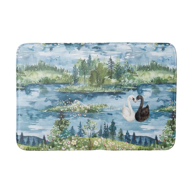 Romantic Swans Blue Lake   Bath Mat (Front)