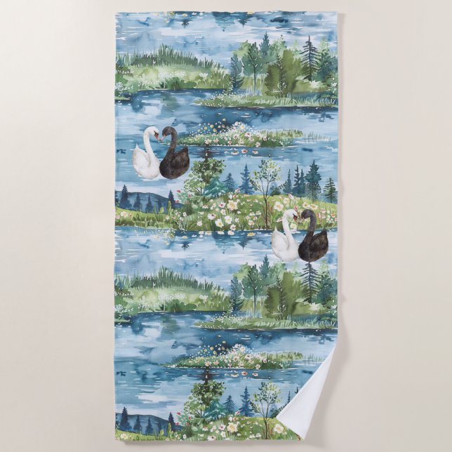 Romantic Swans Blue Lake   Beach Towel (Front)