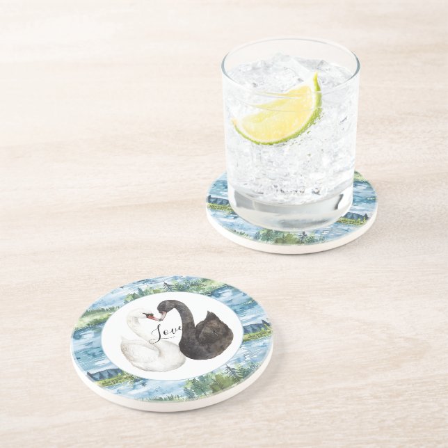 Romantic Swans Blue Lake Water Lilies   Coaster (Side)