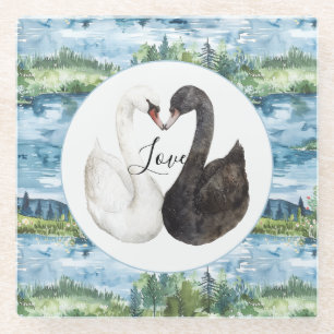 Romantic Swans Blue Lake Water Lilies Glass Coaster