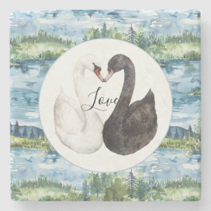 Romantic Swans Blue Lake Water Lilies Stone Coaster