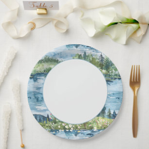Romantic Swans Blue Lake Water Lilies Wedding Paper Plate