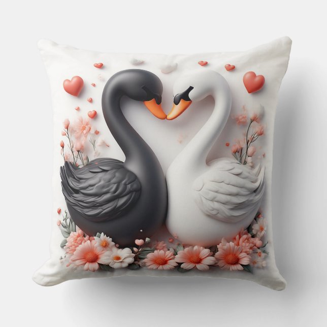 Romantic Swans Decorated in Flowers Cushion (Front)