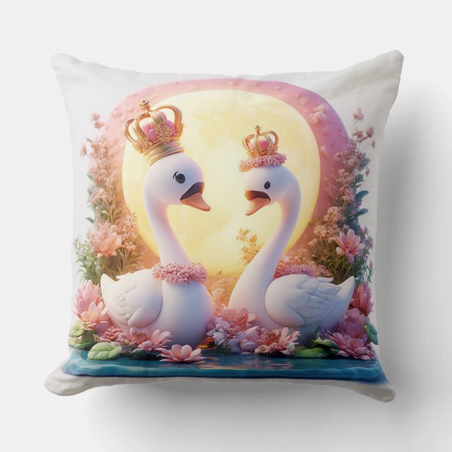 Romantic Swans Decorated in Flowers Cushion (Front)