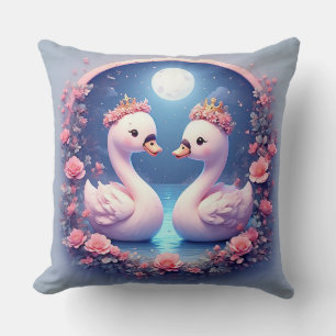 Romantic Swans Decorated in Flowers Cushion