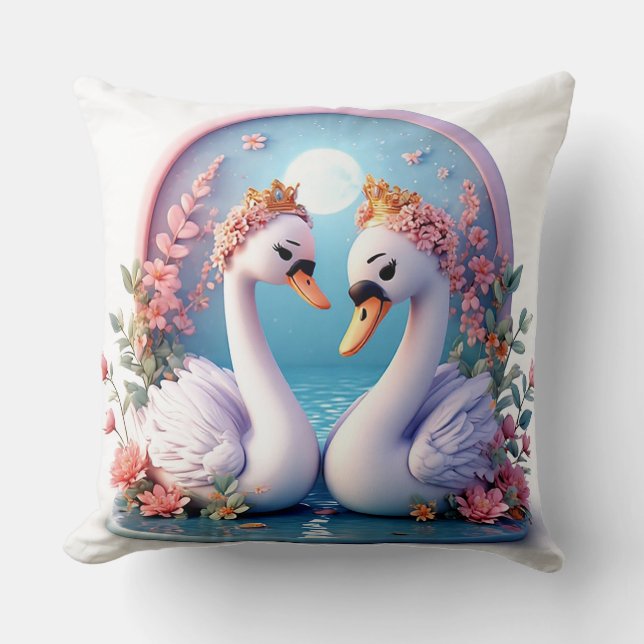 Romantic Swans Decorated in Flowers Cushion (Front)