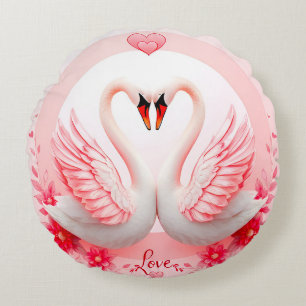 Romantic Swans Floral Wedding Gift Round Cushion