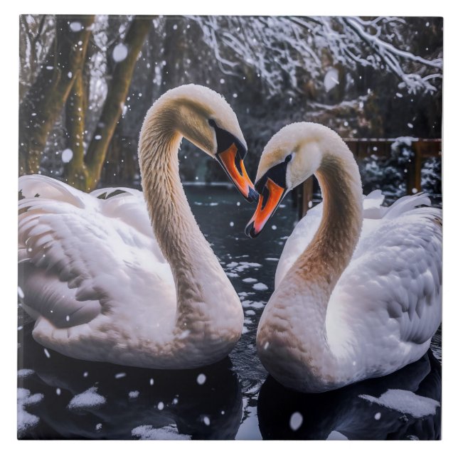 Romantic Swans in a Winter Wonderland Tile (Front)