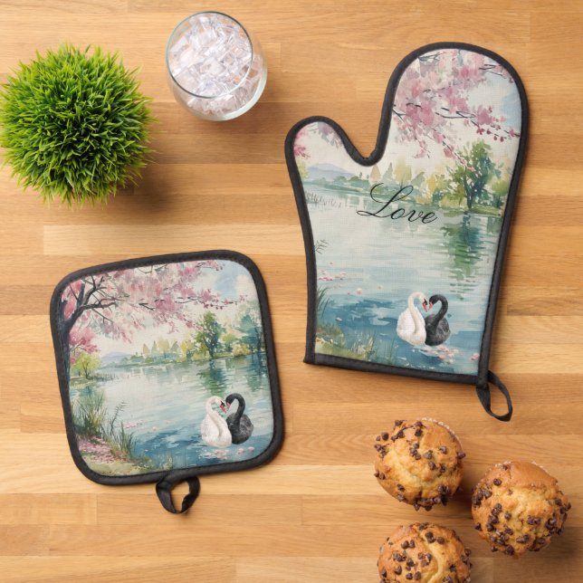 Romantic Swans Lake Love Oven Mitt & Pot Holder Set (Top Down)