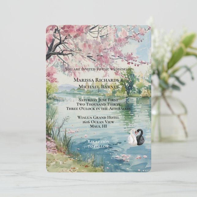 Romantic Swans Lake Wedding Invitation (Standing Front)
