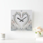 Romantic Swans Monogram Square Wall Clock<br><div class="desc">Create a special memento for your home. This monogram square wall clock features romantic swans. Neutral colours. Customise the monograms displayed in the centre. Makes a great gift,  wedding gift,  wedding anniversary gift,  and more. Use the template to create your own romantic swan monogram wall clock.</div>