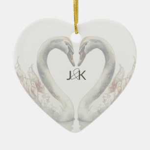 Romantic Swans Wedding Couple Monogram Ceramic Tree Decoration