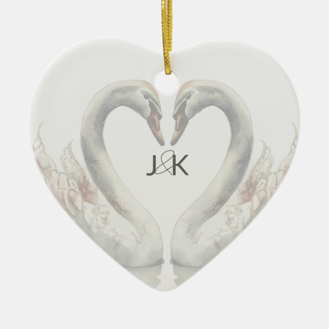Romantic Swans Wedding Couple Monogram Ceramic Tree Decoration (Front)
