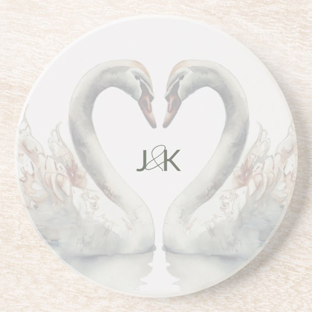Romantic Swans Wedding Couple Monogram Coaster (Front)