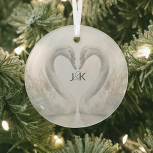 Romantic Swans Wedding Couple Monogram Glass Tree Decoration