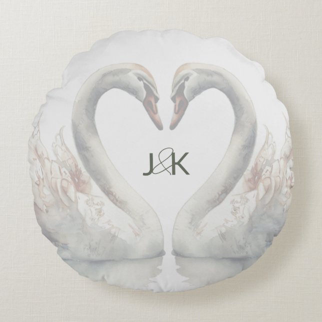 Romantic Swans Wedding Couple Monogram Round Cushion (Front)