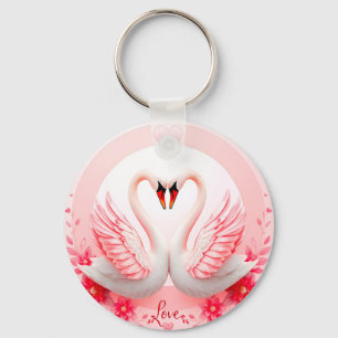 Romantic Swans with Floral Accents Key Ring