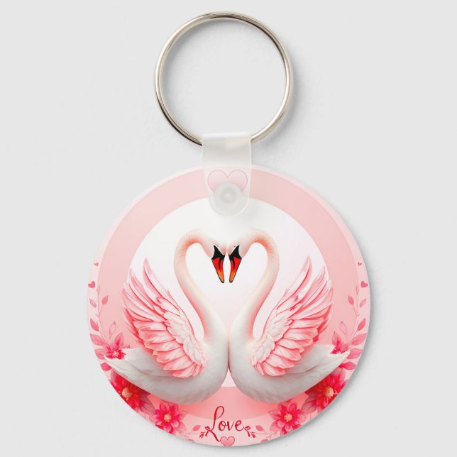 Romantic Swans with Floral Accents Key Ring (Front)