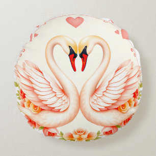 Romantic Swans with Floral Accents Round Cushion