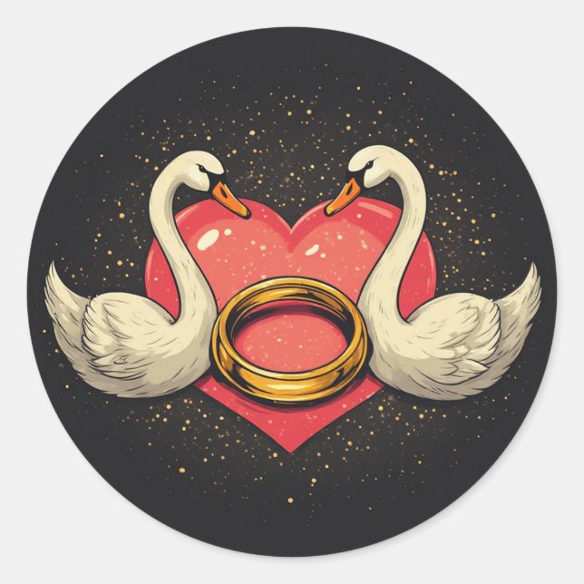 Romantic Swans with Heart Shape, Wedding Ring Classic Round Sticker (Front)
