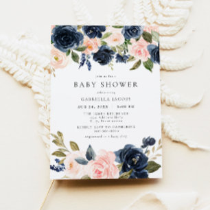 Romantic & Sweet Navy Blush Floral Baby Shower Invitation