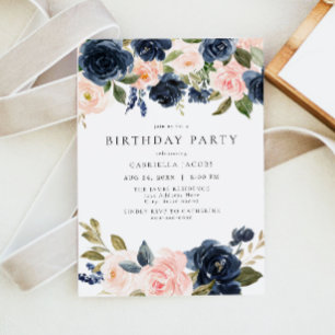 Romantic & Sweet Navy Blush Floral Birthday Party Invitation