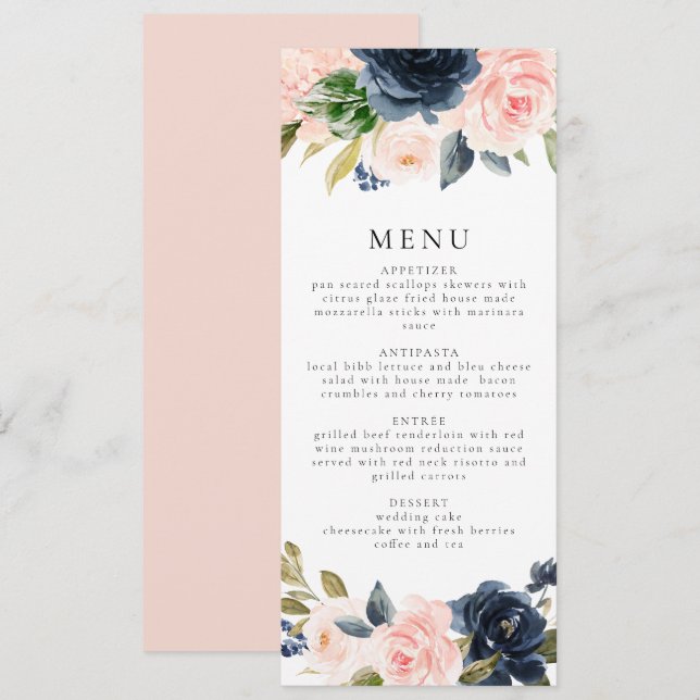 Romantic & Sweet Navy Blush Floral Dinner Invitation (Front/Back)